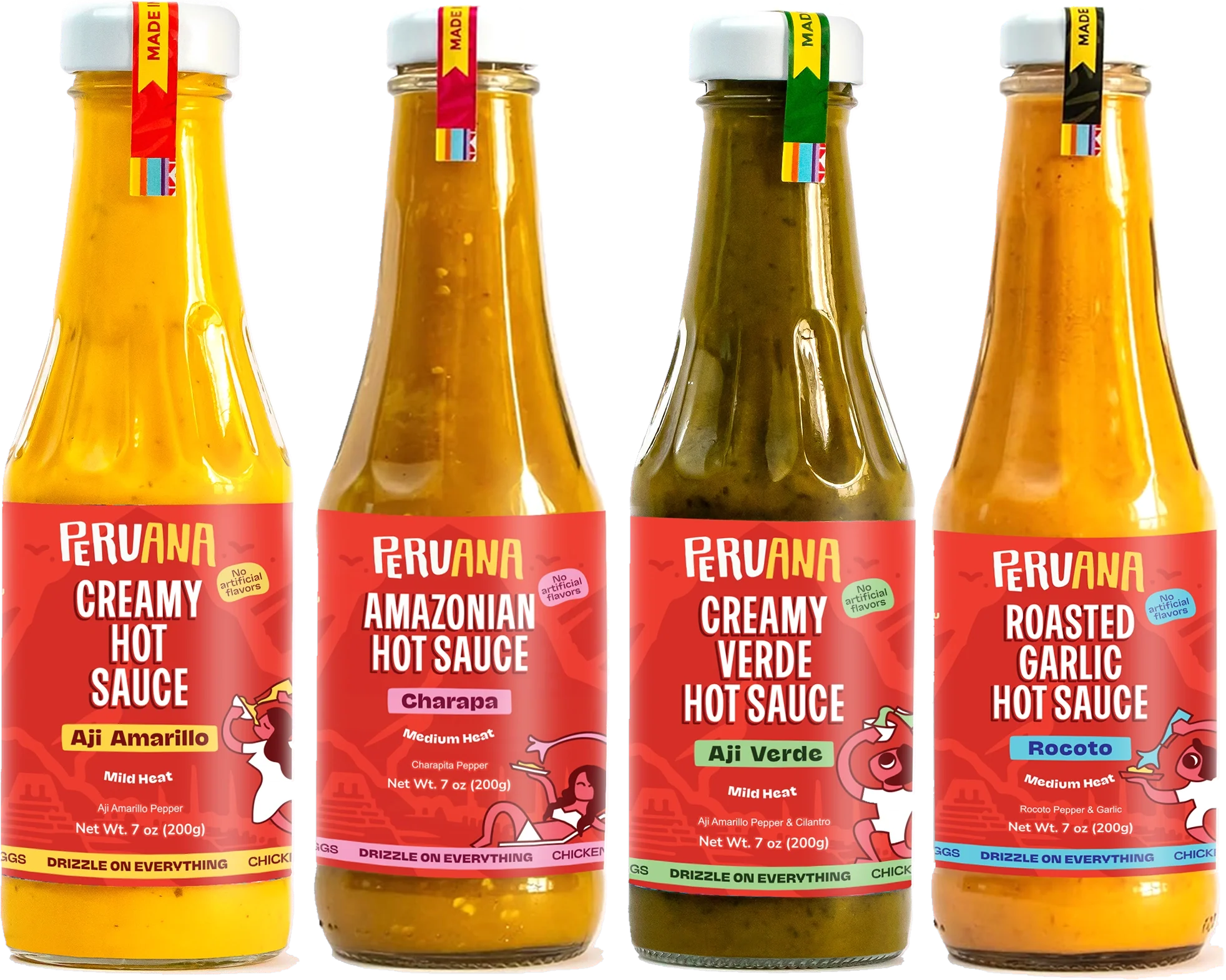 The four Peruana sauces: Aji Amarillo, Amazonian Charapa, Creamy Verde and Roasted Garlic Rocoto