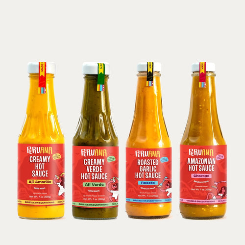All four Peruana Peruvian hot sauces: Aji Amarillo, Aji Verde, Rocoto and Charapa